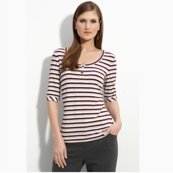 St. John Tops - ST. JOHN Yellow Tag Burgundy Gray Cream Striped Short Sleeve Top Size Large